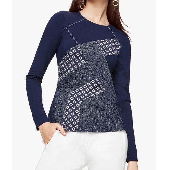 BCBGMaxazria NEW Maygan Navy Blue Multi Combo Patchwork Long Sleeve Top - Picture 1 of 14